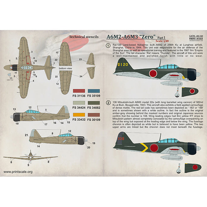 Print Scale 48-164 Decal Mitsubishi Zero A6M2 - A6M3 Part 1 Scale 1:48 for Aircraft Plastic model kit