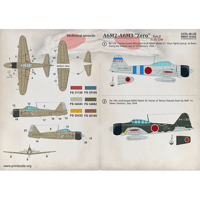 Print Scale 48-165 Decal Mitsubishi Zero A6M2 - A6M3 Part 2 Scale 1:48 for Aircraft Plastic model kit