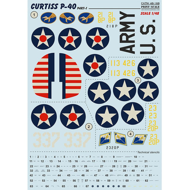 Print Scale 48-168 Decal Curtiss P-40 C, CU. Part 1 Scale 1:48 for Aircraft Plastic model kit