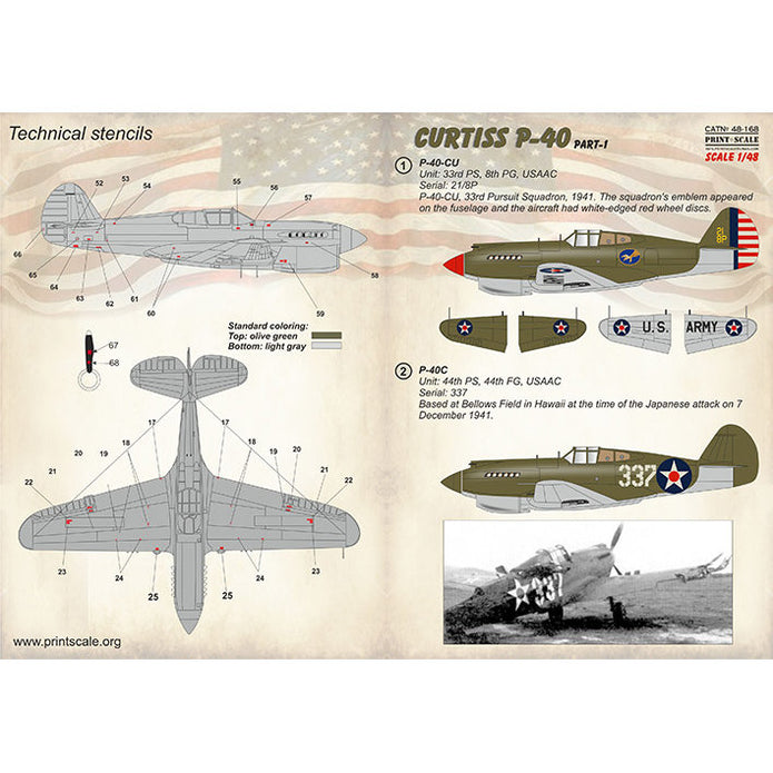 Print Scale 48-168 Decal Curtiss P-40 C, CU. Part 1 Scale 1:48 for Aircraft Plastic model kit