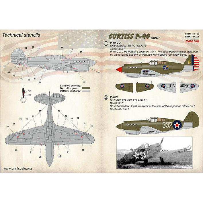 Print Scale 48-168 Decal Curtiss P-40 C, CU. Part 1 Scale 1:48 for Aircraft Plastic model kit