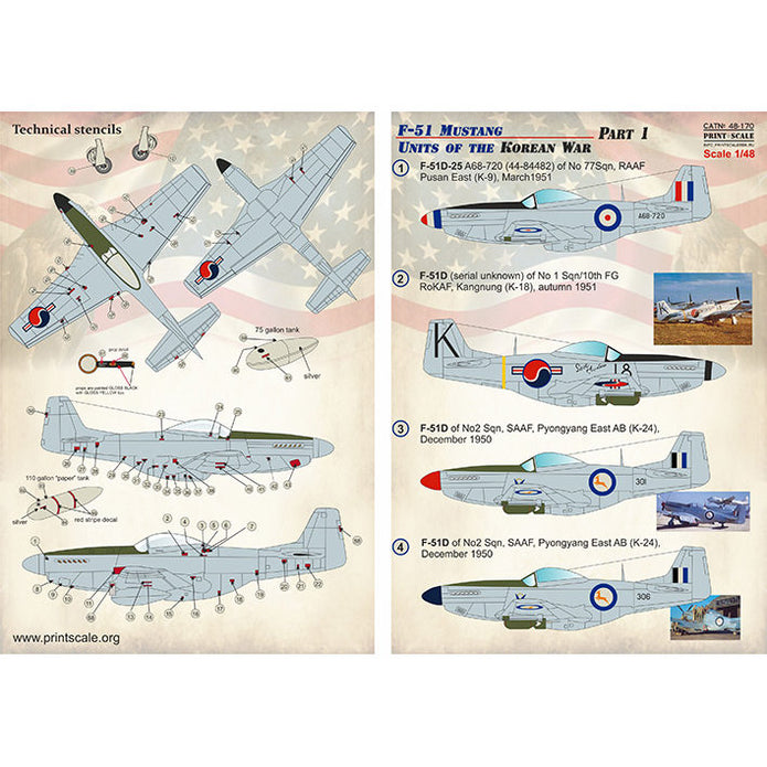 Print Scale 48-170 Decal F-51 Mustang, Units of the Korean War Part 1 Scale 1:48 for Aircraft Plastic model kit