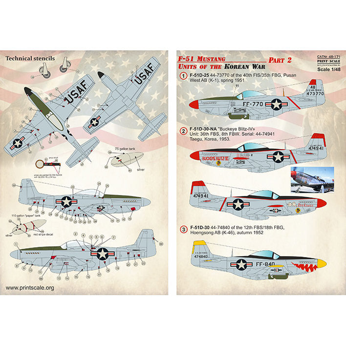 Print Scale 48-171 Decal F-51 Mustang, Units of the Korean War Part 2 Scale 1:48 for Aircraft Plastic model kit