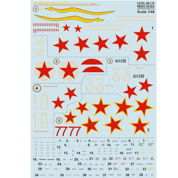 Print Scale 48-172 Decal P-39 Aircobra Top Pilots of the World War II Part 1 Scale 1:48 for Aircraft Plastic model kit
