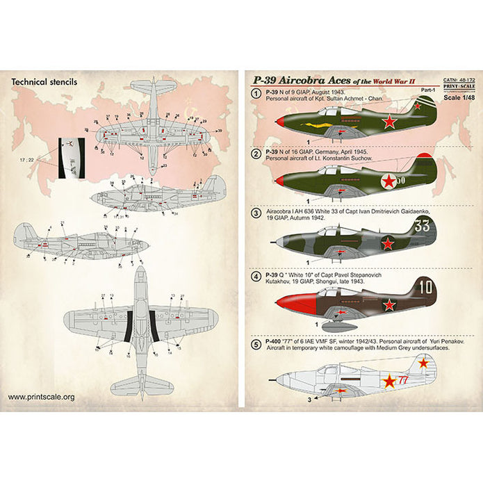 Print Scale 48-172 Decal Р-39 Aircobra Aces of the World War II Part 1 Scale 1:48 for Aircraft Plastic model kit