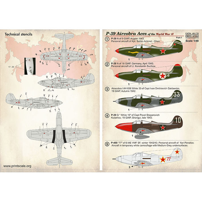 Print Scale 48-172 Decal Р-39 Aircobra Aces of the World War II Part 1 Scale 1:48 for Aircraft Plastic model kit