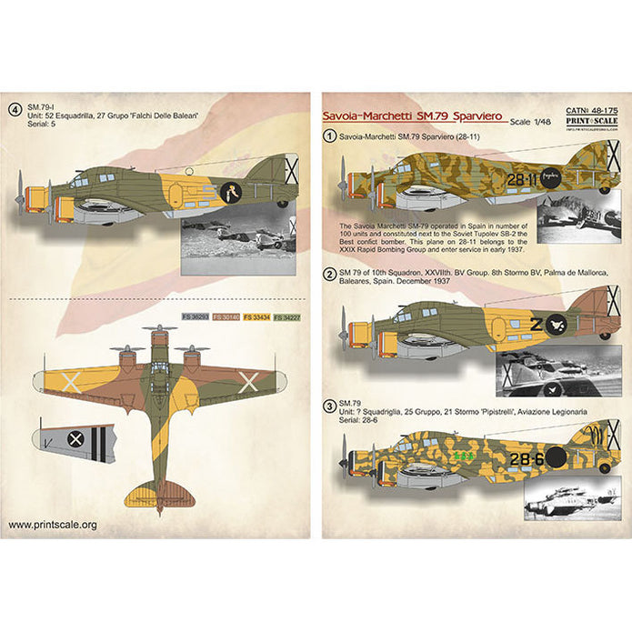 Print Scale 48-175 Decal 1:48 SM-79 Sparviero in the Spanish Civil War. The complete set 2 leaf