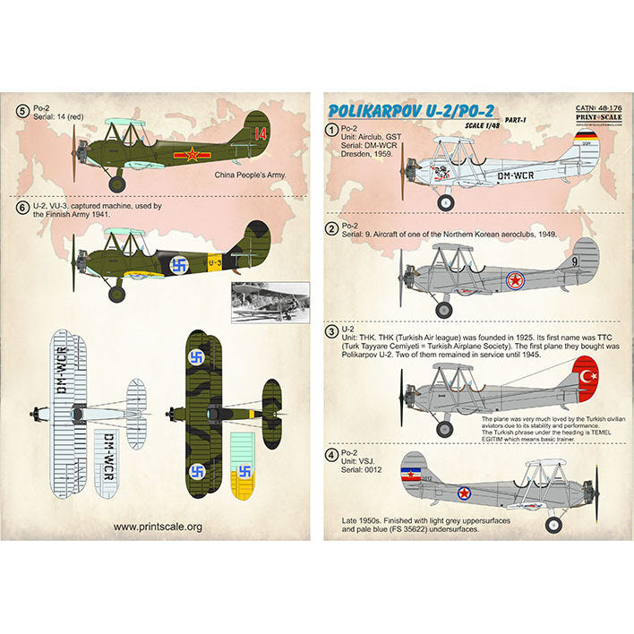 Print Scale 48-176 Decal Polikarpov U-2/Po-2 Part 1 Scale 1:48 for Aircraft Plastic model kit