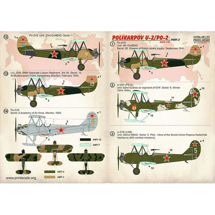 Print Scale 48-177 Decal Polikarpov U-2/Po-2 Part 2 Scale 1:48 for Aircraft Plastic model kit