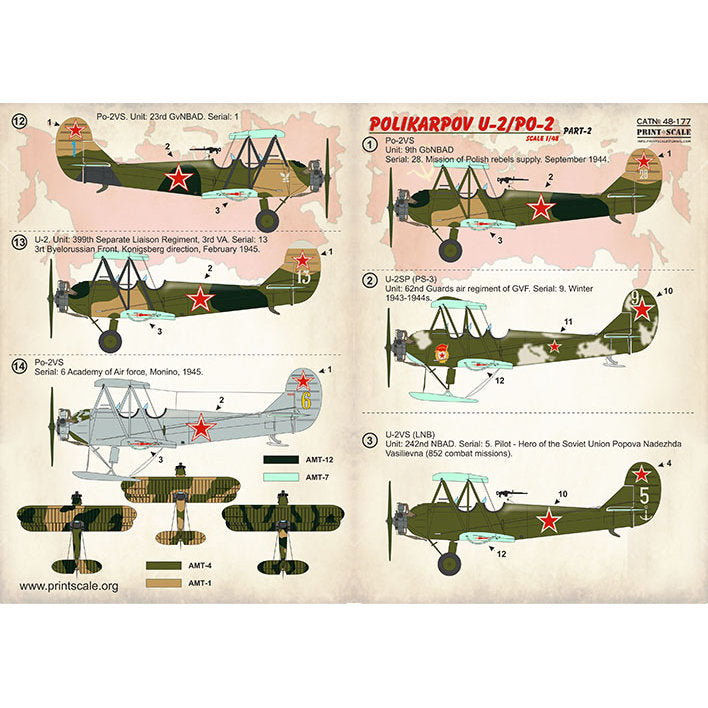 Print Scale 48-177 Decal Polikarpov U-2/Po-2 Part 2 Scale 1:48 for Aircraft Plastic model kit