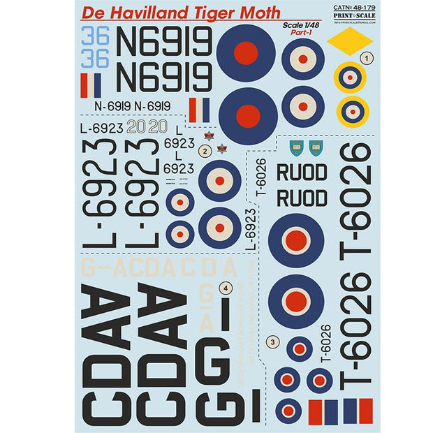 Print Scale 48-179 Decal De Havilland Tiger Moth Part 1 Scale 1:48 for Aircraft Plastic model kit