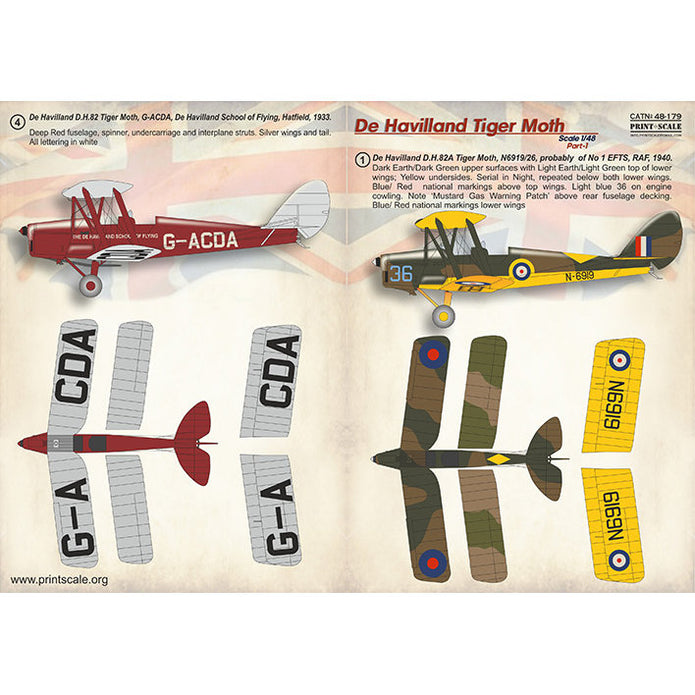 Print Scale 48-179 Decal De Havilland Tiger Moth Part 1 Scale 1:48 for Aircraft Plastic model kit