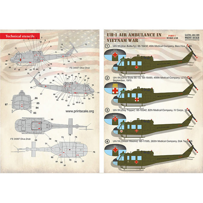 Print Scale 48-185 Decal UH-1 Air Ambulance in Vietnam War Part 1 Scale 1:48 for Helicopter Plastic model kit