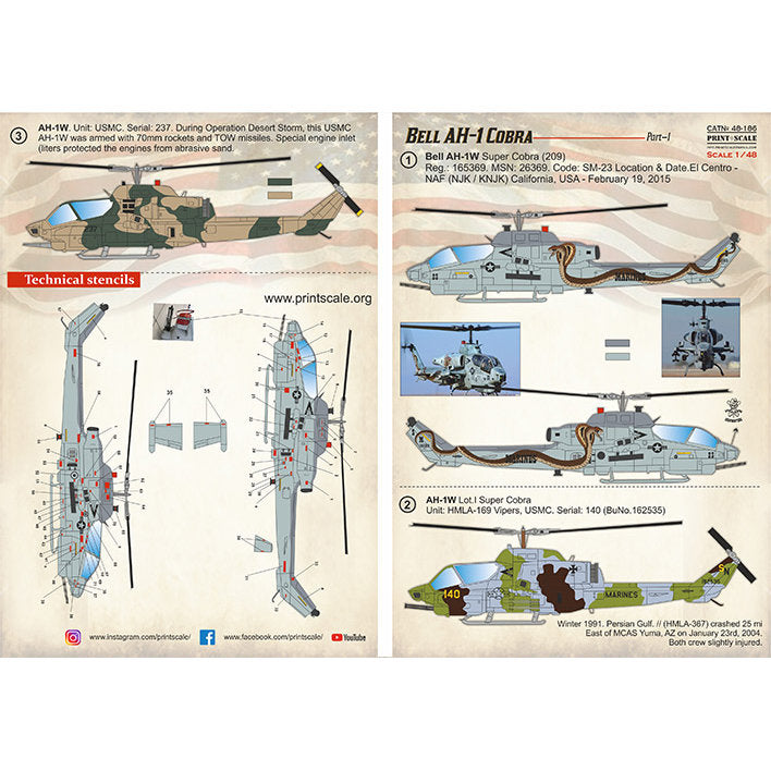 Print Scale 48-186 Decal Bell AH-1 Cobra Part 1 Scale 1:48 for Helicopter Plastic model kit