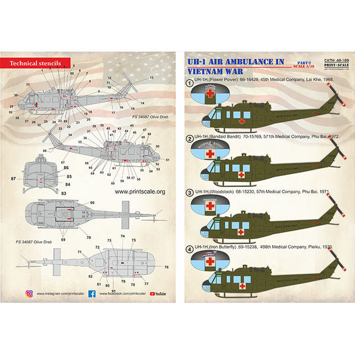 Print Scale 48-189 Decal UH-1 Air Ambulance in Vietnam War Part 2 Scale 1:48 for Helicopter Plastic model kit