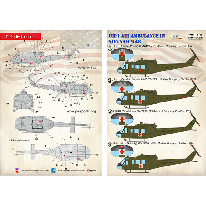 Print Scale 48-189 Decal UH-1 Air Ambulance in Vietnam War Part 2 Scale 1:48 for Helicopter Plastic model kit