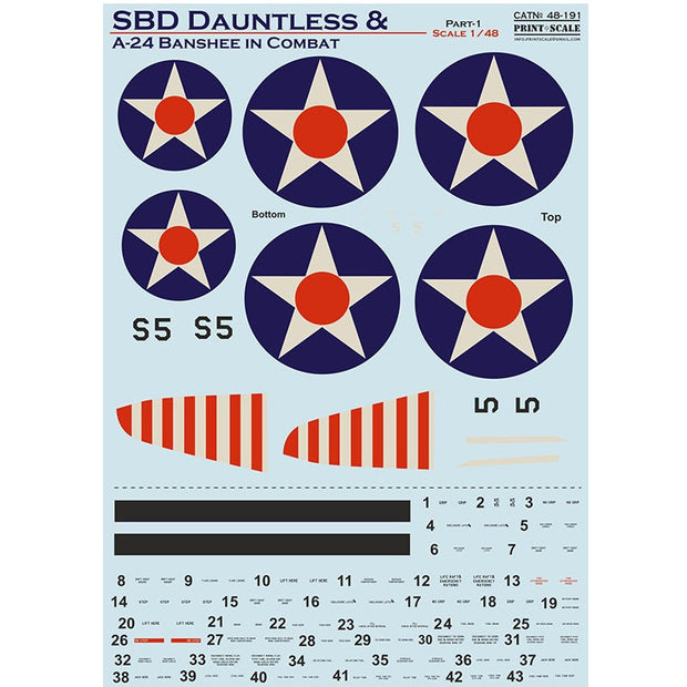 Print Scale 48-191 Decal SBD Dauntless and A-24 Banshee in combat Part 1 Scale 1:48 for Aircraft Plastic model kit