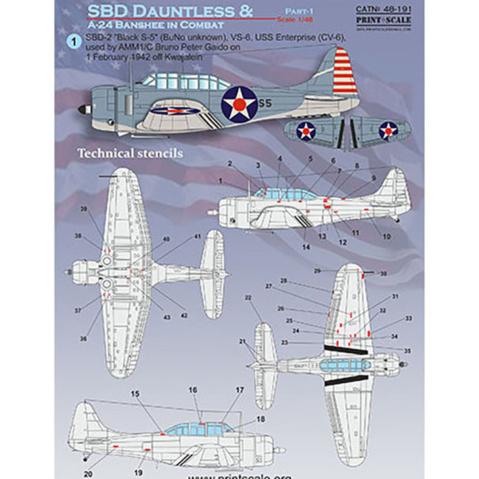 Print Scale 48-191 Decal SBD Dauntless and A-24 Banshee in combat Part 1 Scale 1:48 for Aircraft Plastic model kit