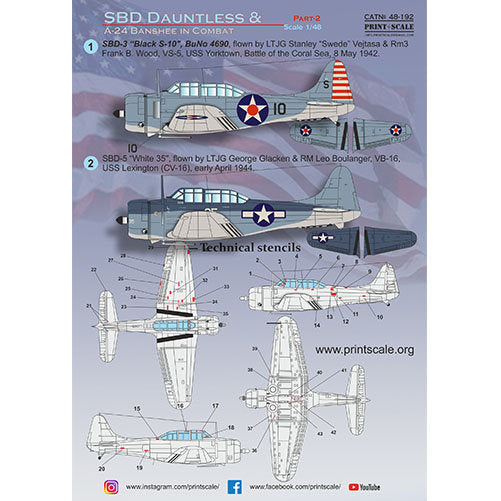 Print Scale 48-192 Decal SBD Dauntless and A-24 Banshee in combat Part 2 Scale 1:48 for Aircraft Plastic model kit