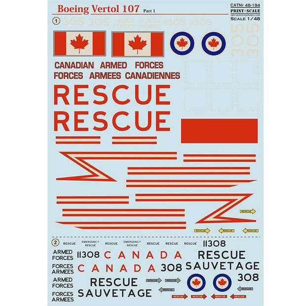 Print Scale 48-194 Decal Boeing-Vertol 107 Part 1 Scale 1:48 for Helicopter Plastic model kit