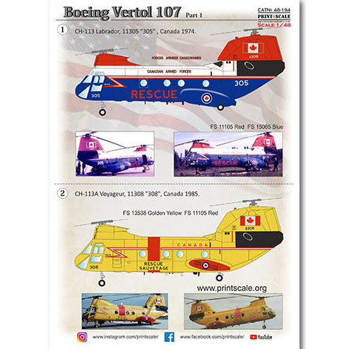 Print Scale 48-194 Decal Boeing-Vertol 107 Part 1 Scale 1:48 for Helicopter Plastic model kit