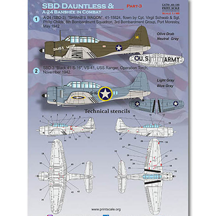 Print Scale 48-195 Decal SBD Dauntless and A-24 Banshee in combat, Part 3 Scale 1:48 for Aircraft Plastic model kit