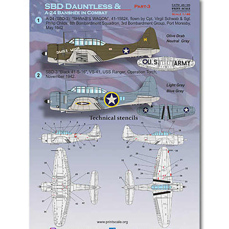 Print Scale 48-195 Decal SBD Dauntless and A-24 Banshee in combat, Part 3 Scale 1:48 for Aircraft Plastic model kit