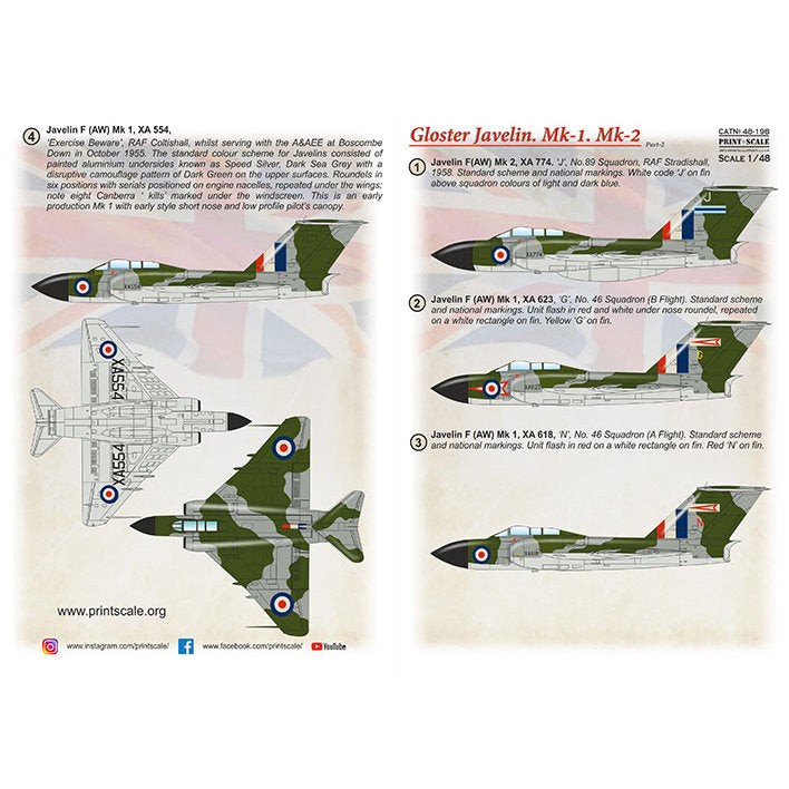 Print Scale 48-198 Decal Gloster Javelin Mk,-1 & Mk-2 Part 2 Scale 1:48 for Aircraft Plastic model kit