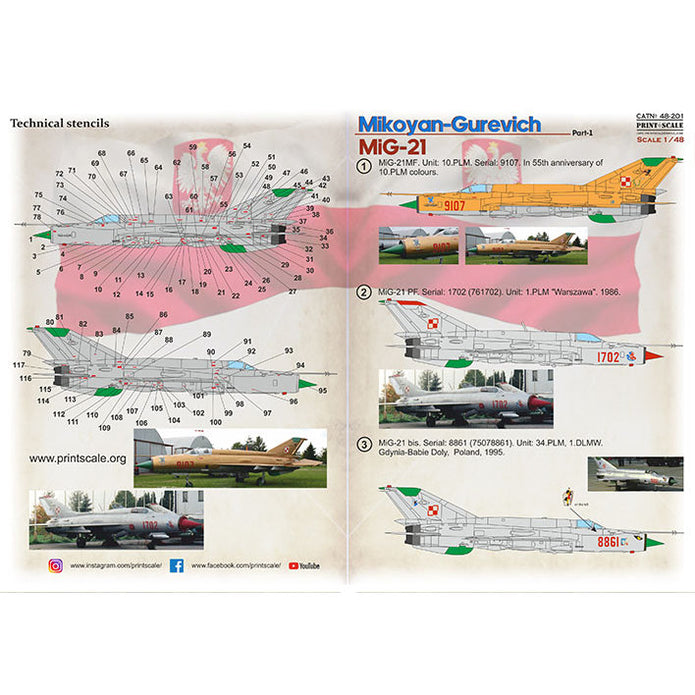 Print Scale 48-201 Decal MiG-21 Polish Air Force Part 1 Scale 1:48 for Aircraft Plastic model kit