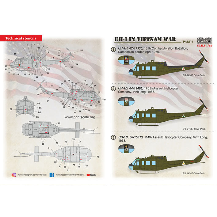 Print Scale 48-204 Decal UH-1 in Viet Nam War Part 1 Scale 1:48 for Helicopter Plastic model kit