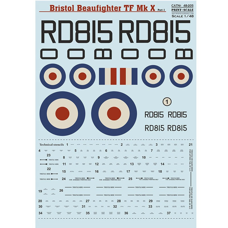Print Scale 48-205 Decal Bristol Beaufighter Mk.X Part 1 Scale 1:48 for Aircraft Plastic model kit