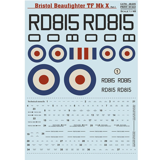 Print Scale 48-205 Decal Bristol Beaufighter Mk.X Part 1 Scale 1:48 for Aircraft Plastic model kit