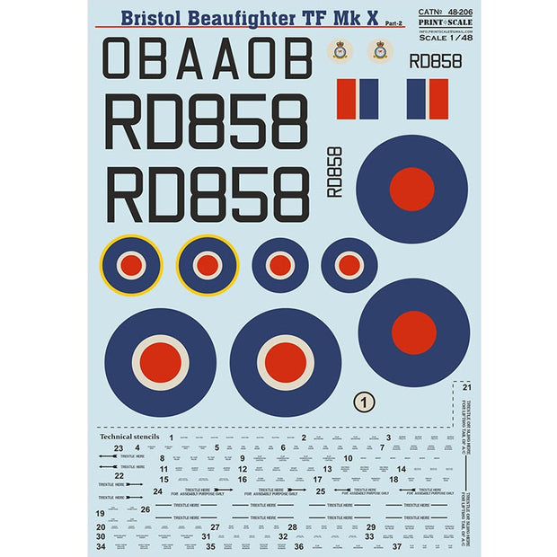 Print Scale 48-206 Decal Bristol Beaufighter Mk,X Part 2 Scale 1:48 for Aircraft Plastic model kit