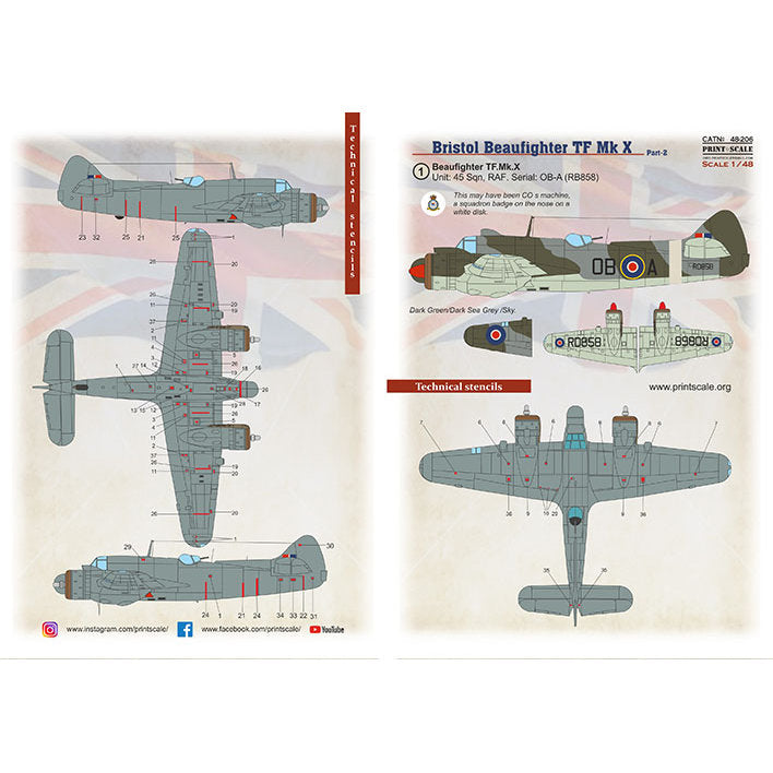Print Scale 48-206 Decal Bristol Beaufighter Mk,X Part 2 Scale 1:48 for Aircraft Plastic model kit