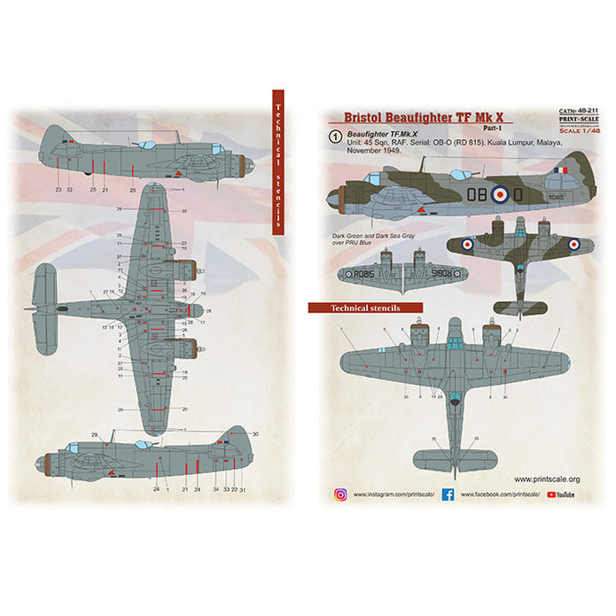 Print Scale 48-211 Decal 1:48 Beaufighter Mk.X Part 1 (with 3D decal Instrument panel)