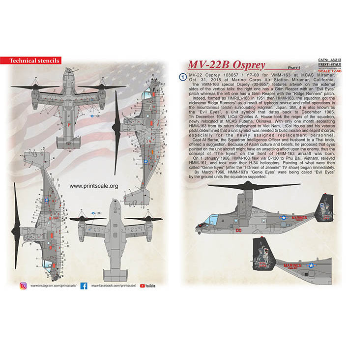 Print Scale 48-213 Decal MV-22B Osprey Part 1 Scale 1:48 for Helicopter Plastic model kit