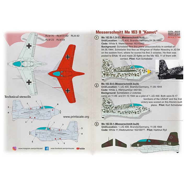 Print Scale 48-216 Decal Messerschmitt ME-163 B Komet Scale 1:48 for Aircraft Plastic model kit