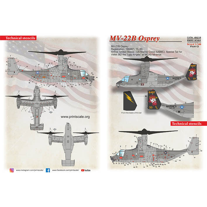 Print Scale 48-218 Decal MV-22B Osprey Part 3 The complete set 1.5 leaf Scale 1:48 for Helicopter Plastic model kit