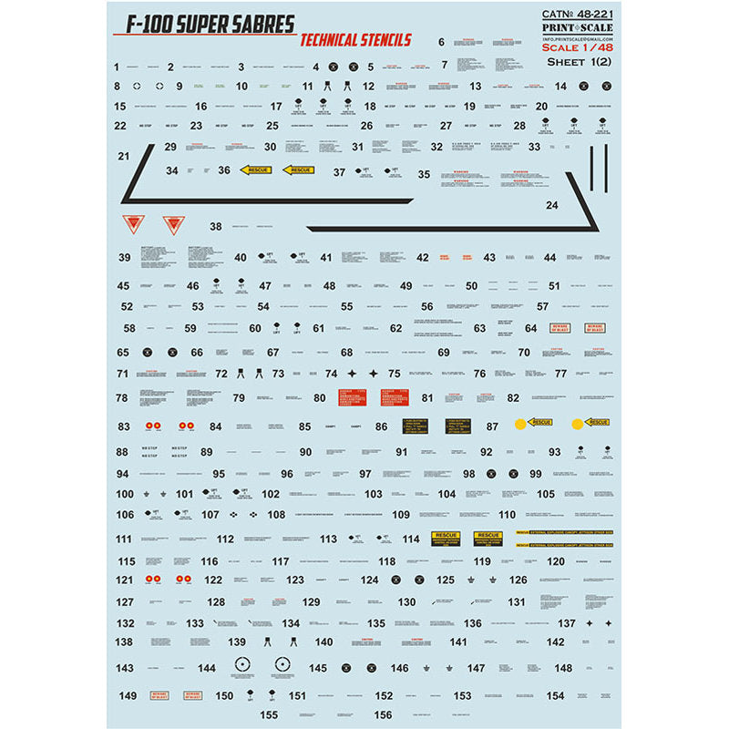 Print Scale 48-221 Decal F-100 Super Sabre technical stencils 2 leaf Scale 1:48 for Aircraft Plastic model kit