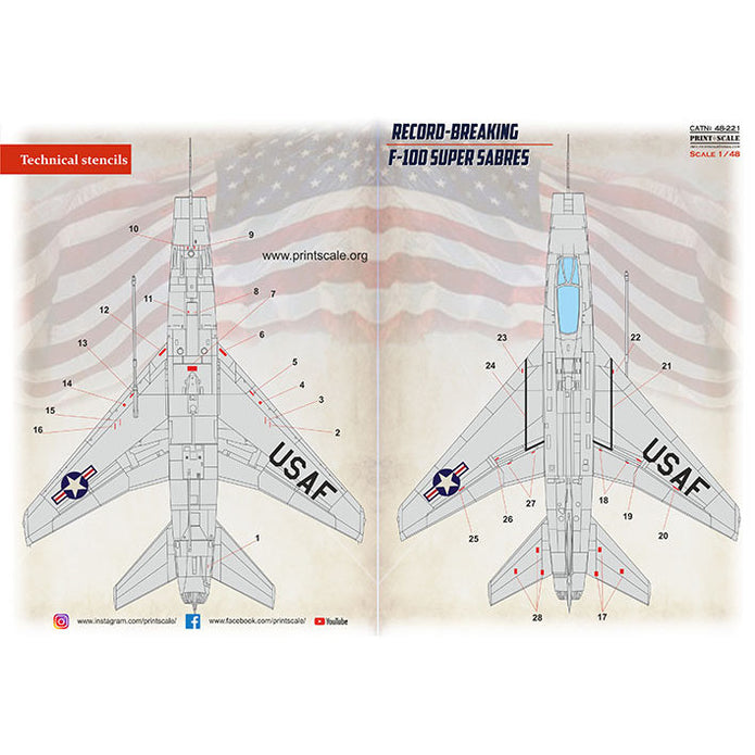 Print Scale 48-221 Decal F-100 Super Sabre technical stencils 2 leaf Scale 1:48 for Aircraft Plastic model kit