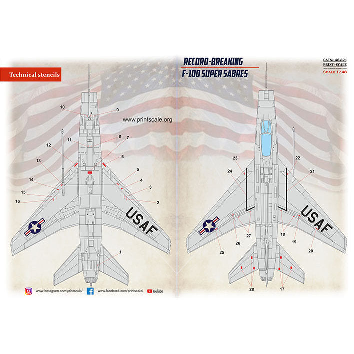 Print Scale 48-221 Decal F-100 Super Sabre technical stencils 2 leaf Scale 1:48 for Aircraft Plastic model kit