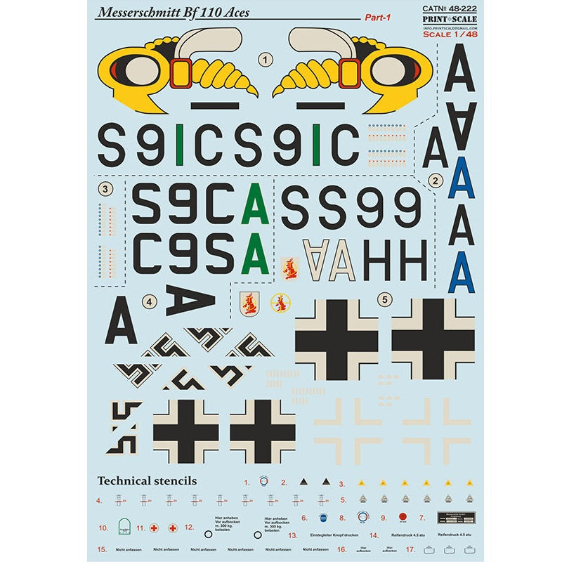 Print Scale 48-222 Decal Messerschmitt Bf-110 Zerstorer Part 1 Scale 1:48 for Aircraft Plastic model kit