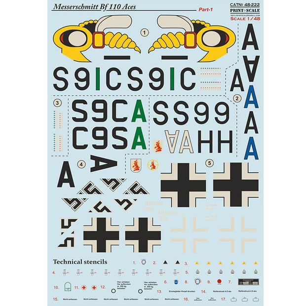 Print Scale 48-222 Decal Messerschmitt Bf-110 Zerstorer Part 1 Scale 1:48 for Aircraft Plastic model kit