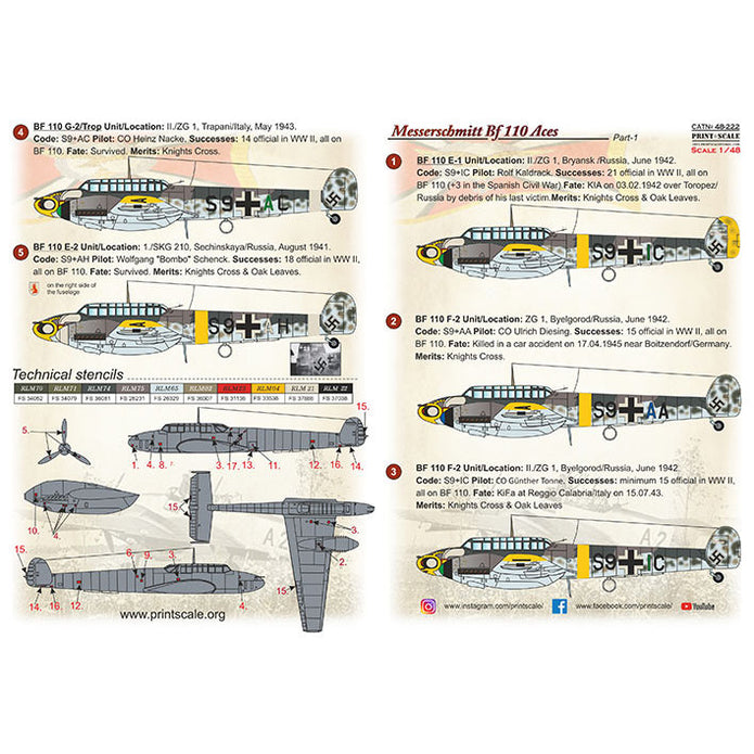 Print Scale 48-222 Decal Messerschmitt Bf-110 Zerstorer Part 1 Scale 1:48 for Aircraft Plastic model kit