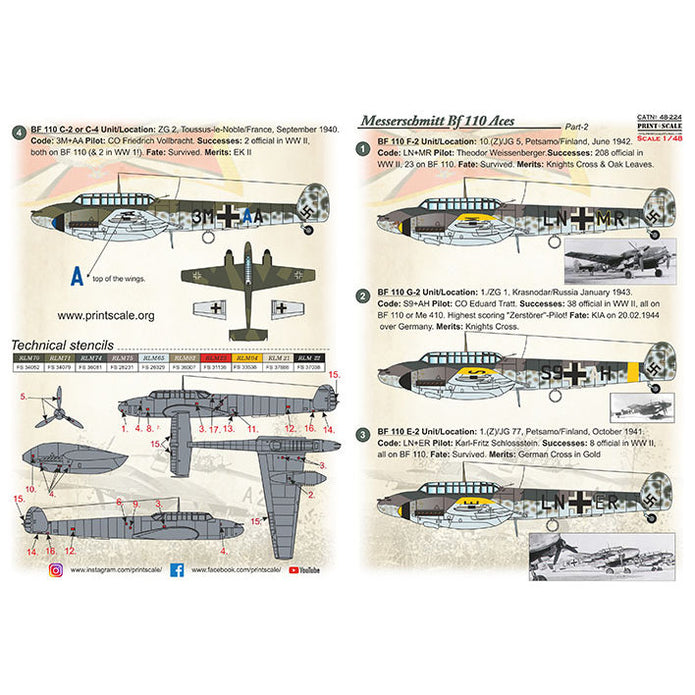 Print Scale 48-224 Decal Messerschmitt Bf-110 Zerstorer Part 2 Scale 1:48 for Aircraft Plastic model kit