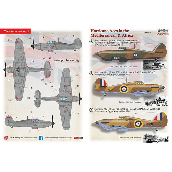 Print Scale 48-225 Decal Hurricane Aces of the MTO and Africa Part 1 Scale 1:48 for Aircraft Plastic model kit