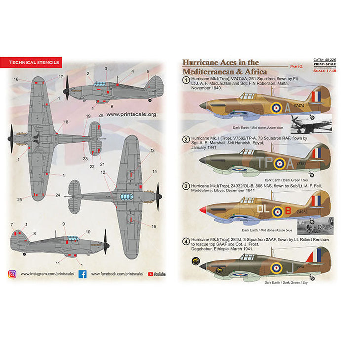 Print Scale 48-226 Decal Hurricane Aces of the MTO and Africa Part 2 Scale 1:48 for Aircraft Plastic model kit