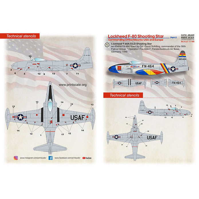 Print Scale 48-229 Decal Lockheed F-80 Shooting Star Part 2 Scale 1:48 for Aircraft Plastic model kit