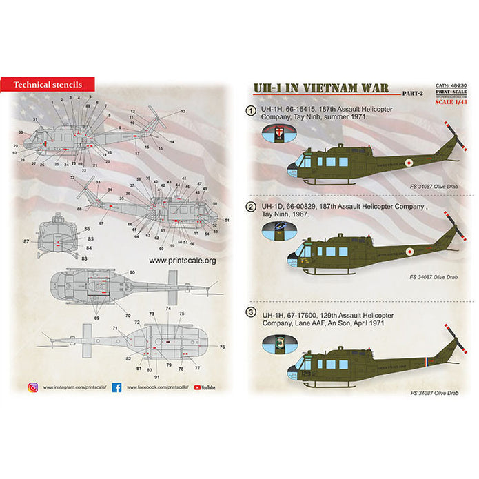 Print Scale 48-230 Decal UH-1 Huey in Vietnam War Part 2 Scale 1:48 for Helicopter Plastic model kit