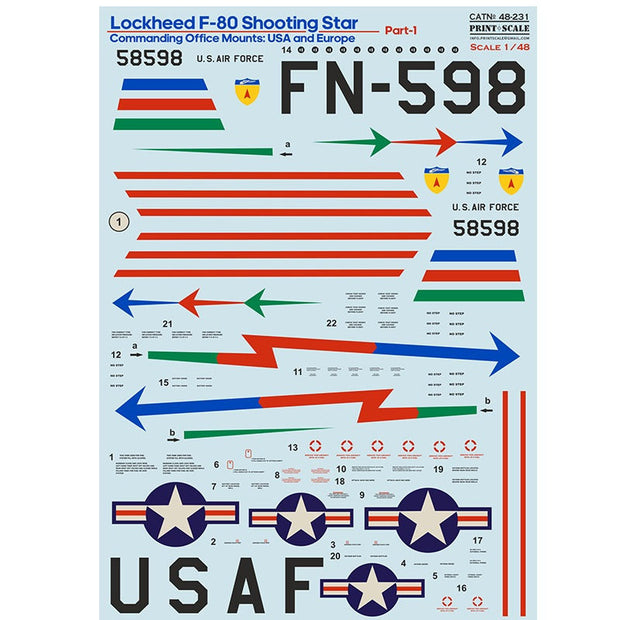 Print Scale 48-231 Decal Lockheed F-80 Shooting Star, Part 1 Scale 1:48 for Aircraft Plastic model kit